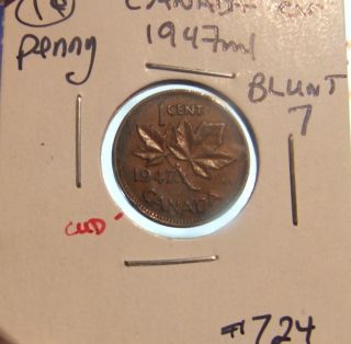 Canada 1947ml Blunt 7 1cent Penny Cir.  724 photo