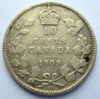 1905 Ten Cents Vg - 8 From Deteriorated Die Scarce Date Edward Vii Canada Dime photo