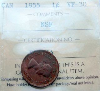 1955 Nsf Small Cent Iccs Vf - 30 Vf - Ef Very Rare Variety Key Qeii Penny photo