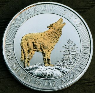Gilded 2015 3/4 Oz Canadian Grey Wolf Silver Coin 24k Gold Gilt photo