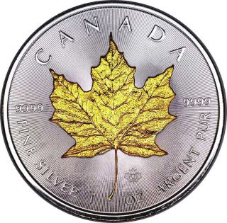 Gold Gilded 2014 Canadian Maple Leaf 1 Oz Silver Coin.  999 Fine photo