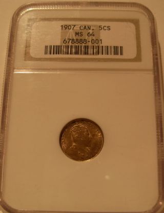 Canada 1907 Silver 5 Cents Ngc Ms - 64 photo
