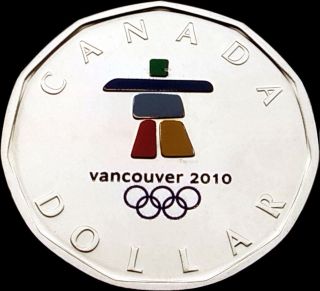 ◆◆silver - Color Loonie◆◆ 2010 $1 Inukshuk Olympics Lucky Dollar Coin: 100 Nickel photo