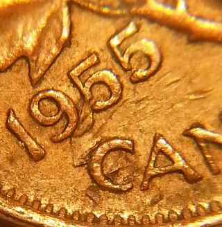 Error Coin 1955 Flaw Planchet Damage Around Date Elizabeth Ii Canada Penny S35 photo