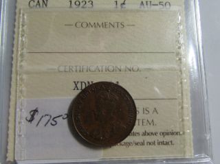 Canada 1923 Small Cent Key Date Graded Iccs Au 50 Scarce Almost Unc photo