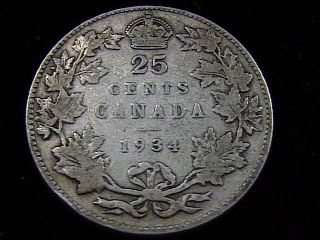1934 Canada 25 Cents Silver In Fine,  Scarce Semi - Key Date. photo