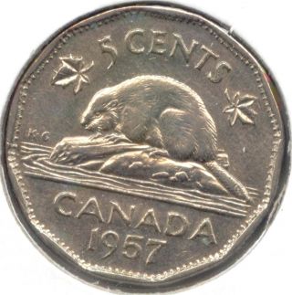 Canada 1957 Bugtail Five Cent Canadian Nickel 5c Piece Bug Tail Variety Exact photo