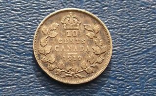 . 925 Silver 1919 Canada 10 Cents George V Toned Circulated Coin 902 photo