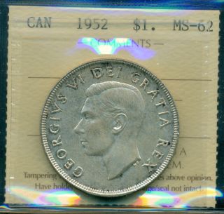 1952 Nwl Canada King George Vi Silver Dollar,  Iccs Certified Ms - 62 photo