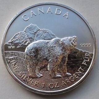 2011 1 Oz Silver Grizzly Bear Canadian Wildlife Series Canada $5 Coin.  G161 photo