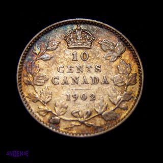 1902 Cda Silver 10 Cent Coin (edward Vii),  Vf,  Rainbow Toning photo