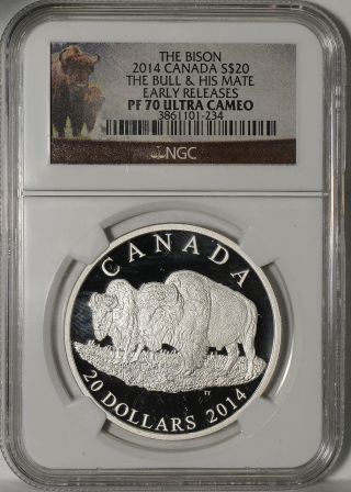Canada - The Bison - 2014 - $20 - The Bull & His Mate - Ngc - Pf 70 Ultra Cameo photo