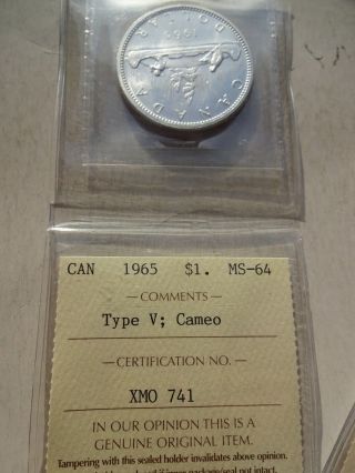 1965 Canada Canadian Silver Dollar Coin Iccs Bu Type V ; Cameo photo