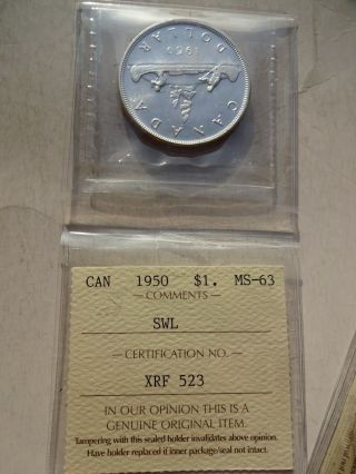 1950 Canada Canadian One Silver Dollar Coin Iccs Bu Short Water Lines photo