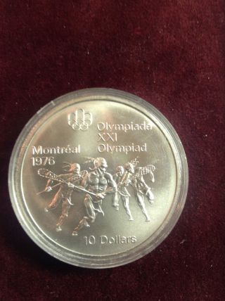 1974 Canadian Silver $10 1976 Montreal Olympics Lacrosse Coin Unc Cap photo