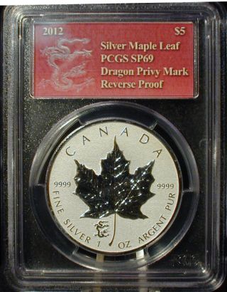 2012 1 Oz Silver Maple Leaf Dragon Privy Mark Reverse Proof Pcgs Sp69 photo