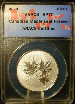 2011 1 Oz Silver Maple Leaf Forever Anacs Sp70 Perfect photo