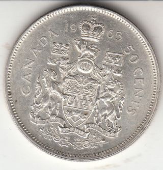 Sharp 1965 Canada Qeii 50 Cents (80) Silver Coin photo