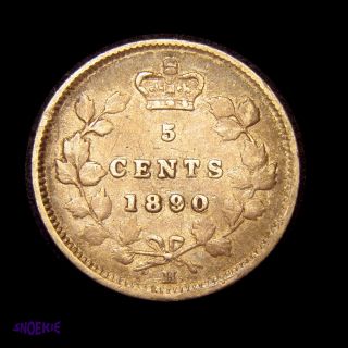 1890 H Cda Silver 5 Cent Coin (victoria),  Vg,  Golden Toning photo