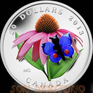 2013 Canada Venetian Glass Butterfly Purple Coneflower $20 Silver Coin Murano photo