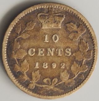 1892 Canada Canadian 10 (ten) Cent Old Victoria Silver Coin photo