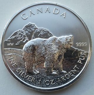 2011 1 Oz Silver Grizzly Bear Canadian Wildlife Series Canada $5 Coin.  G160 photo