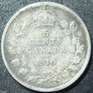 1910 Canada Pointed Leaves Silver Five Cent Coin photo
