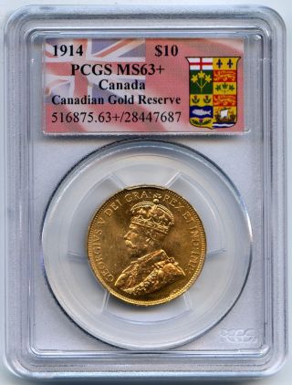 1914 Canada Pcgs Ms 63,  $10 Ten Dollar Canadian Gold Reserve Coin 39859 photo