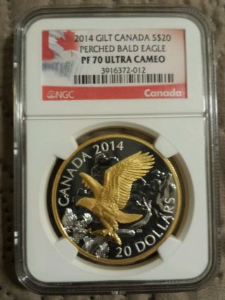 2014 Canada $20 Gilt Perched Bald Eagle,  Ngc Pf70 Ultra Cameo photo