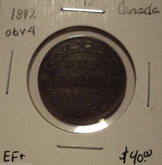 Canada Victoria 1892 Obv 4 Large Cent - Ef, photo