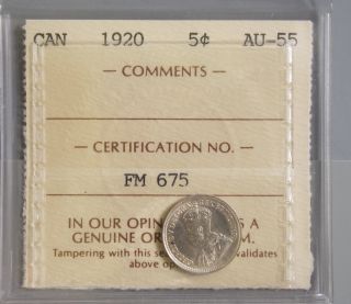 1920 Canada 5 / Five Cent Old Canadian Silver Coin Professionally Graded Au, photo