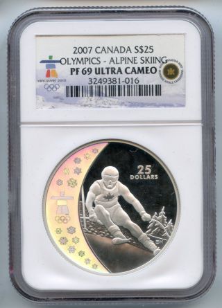 Canada 2007 $25 Silver Coin Ngc Graded As Pf 69 Ultra Cameo Alpine Sking photo