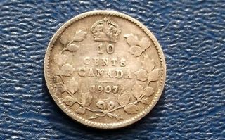 . 925 Silver 1907 Canada 10 Cents Edward Vii Circulated Coin 625 photo
