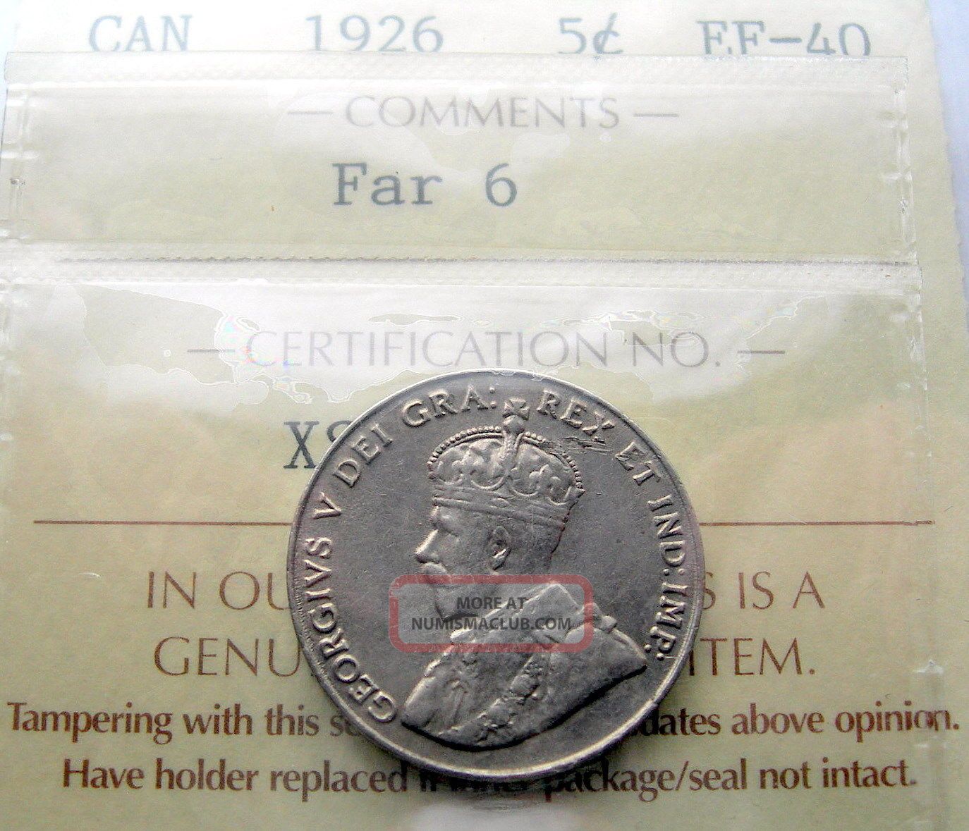 1926 Far 6 Five Cents Iccs Ef - 40 Rare Variety Key Nickel Coins: Canada photo