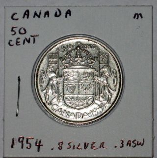 Vintage 1954 Canada 50 Cent Coin;.  8 Silver.  3 Asw (m) photo
