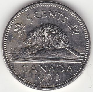 1990 Canada 5c Coin - Medium Sized Bare Belly Beaver Variety photo