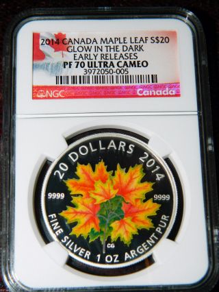 2014 Canada $20 Maple Leaf Glow In The Dark - Colored Silver Coin Ngc Pf70 Uc Er photo