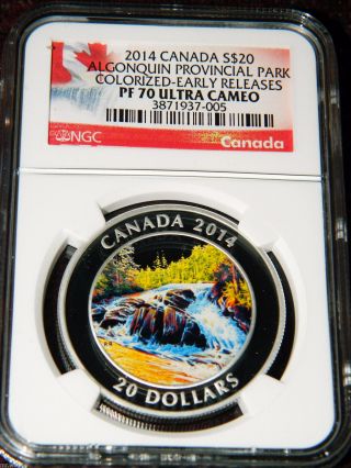 2014 Canada $20 River Rapids - Algonquin Park - Colored Proof Silver Ngc Pf70 Er photo