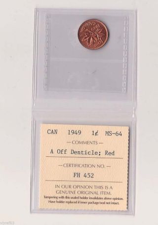 1949 Canada One Cent Iccs Graded Ms64 Full Red B/w Denticles N.  A. photo