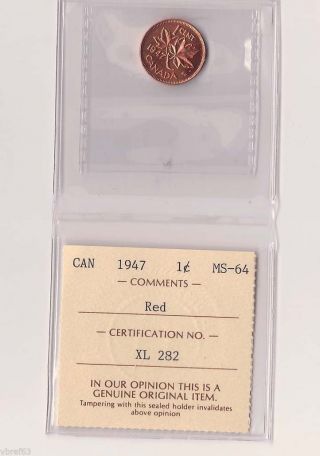 1947 Canada One Cent Iccs Graded Ms64 Full Red - Gorgeous N.  A. photo