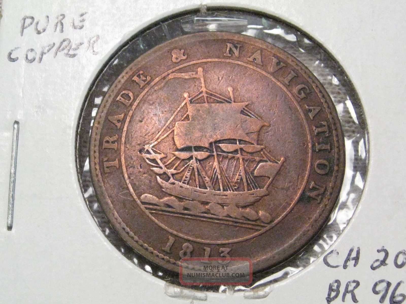 1813 Nova Scotia Canadian 1/2 Penny Token. Canada. Trade & Navigation