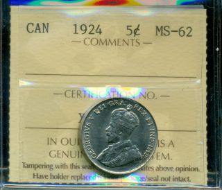1924 Canada Nickel Five Cent,  Iccs Certified Ms - 62 photo