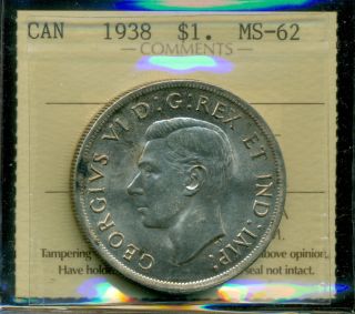 1938 Canada King George Vi Silver Dollar,  Iccs Certified Ms - 62 photo
