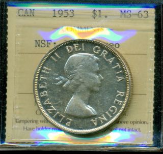 1953 Canada Silver Dollar,  Iccs Certified Ms - 63 Nsf; Swl; Cameo photo