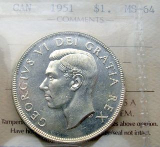 1951 Silver Dollar Iccs Ms - 64 Select Bu,  King George Vi Canada $1.  00 photo
