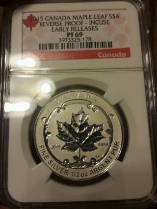 2015 $4 Canada Silver Maple Leaf Incuse Ngc Pf69 Ucam Reverse Proof 1/2 Oz Pr69 photo