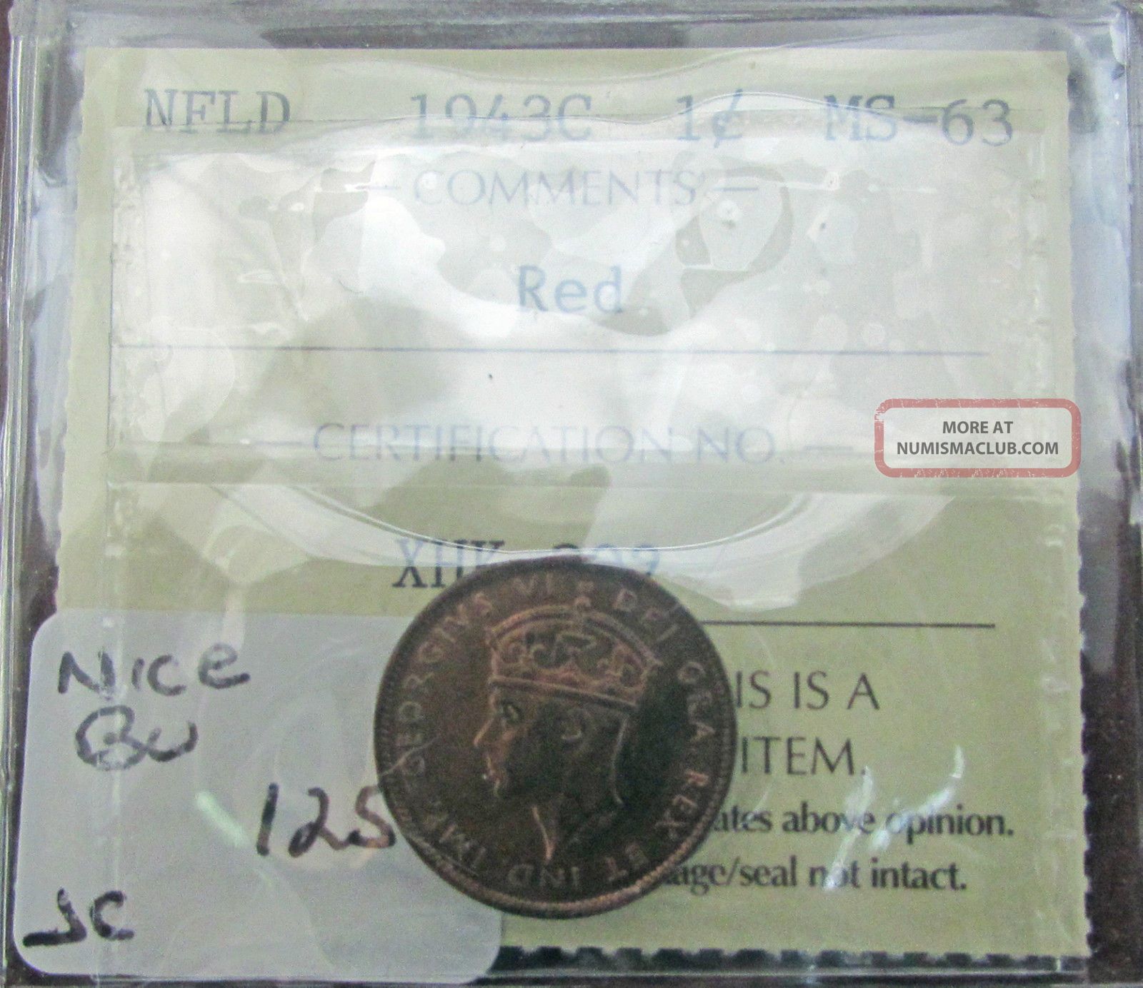 Canada Newfoundland 1943c 1 Cent Graded Iccs Ms 63 Red Unc Coins: Canada photo