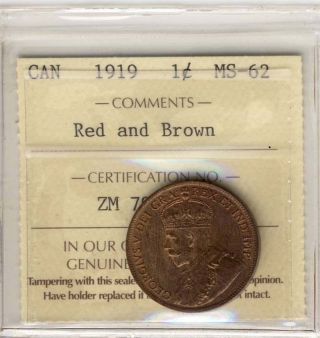 1919 Large Cent Canada Iccs Graded Zm792 Ms62 photo