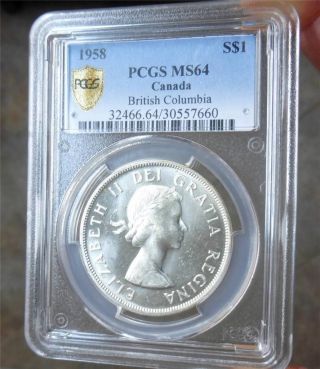 1858 - 1958 Pcgs Ms64 British Columbia,  Canada Silver Dollar,  Blazing Totem Coin photo