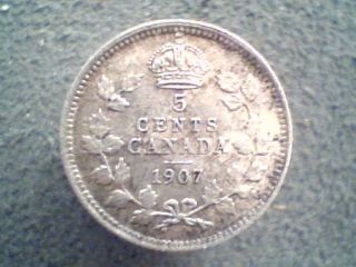 Canada Small Silver 5 Cents 1907 Crowned Edward Vii Detail photo